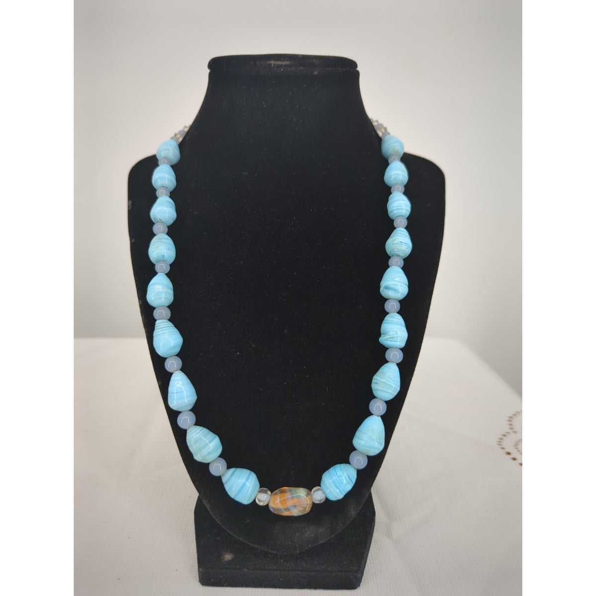 Vintage Blue Art Glass Beaded Necklace Statement Boho Damaged Clasp