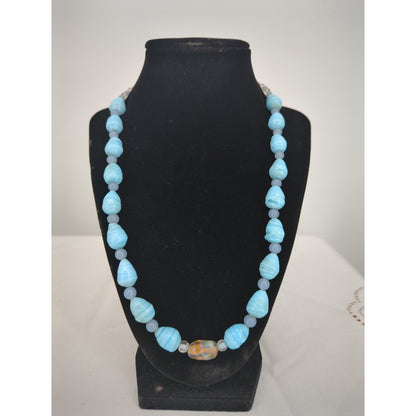 Vintage Blue Art Glass Beaded Necklace Statement Boho Damaged Clasp
