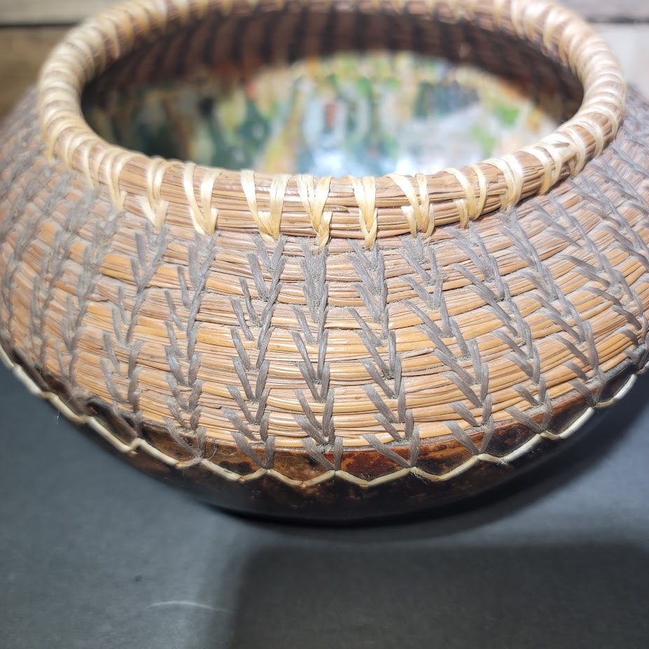Artisan Handmade Gourd & Coiled Pine Needle Basket Bowl 6" Wide Rustic Southern