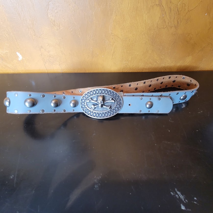 Hyde Blue Studded 1 3/4" wide Skull Crossbones Silver Buckle Italy Leather Belt