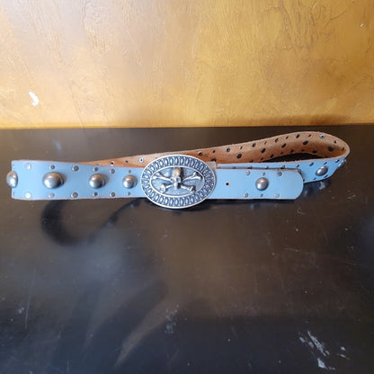 Hyde Blue Studded 1 3/4" wide Skull Crossbones Silver Buckle Italy Leather Belt