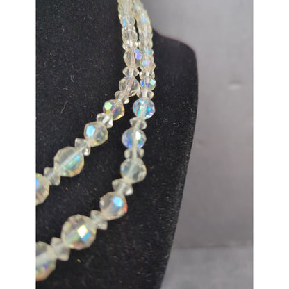 Vintage Double Strand Clear Aurora Borealis Crystal Bead Layered Necklace
