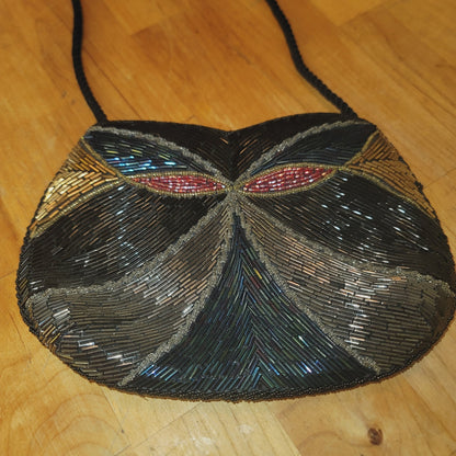 Vintage bugle glass beads 80s purse shoulder EVENING bag black gold silver blue
