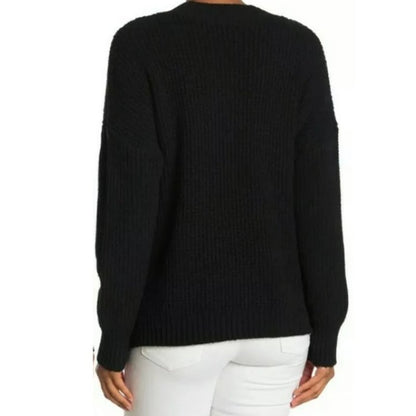 Sweet Romeo Women's Black Center Seam Long Sleeve Front Waffle Sweater Small