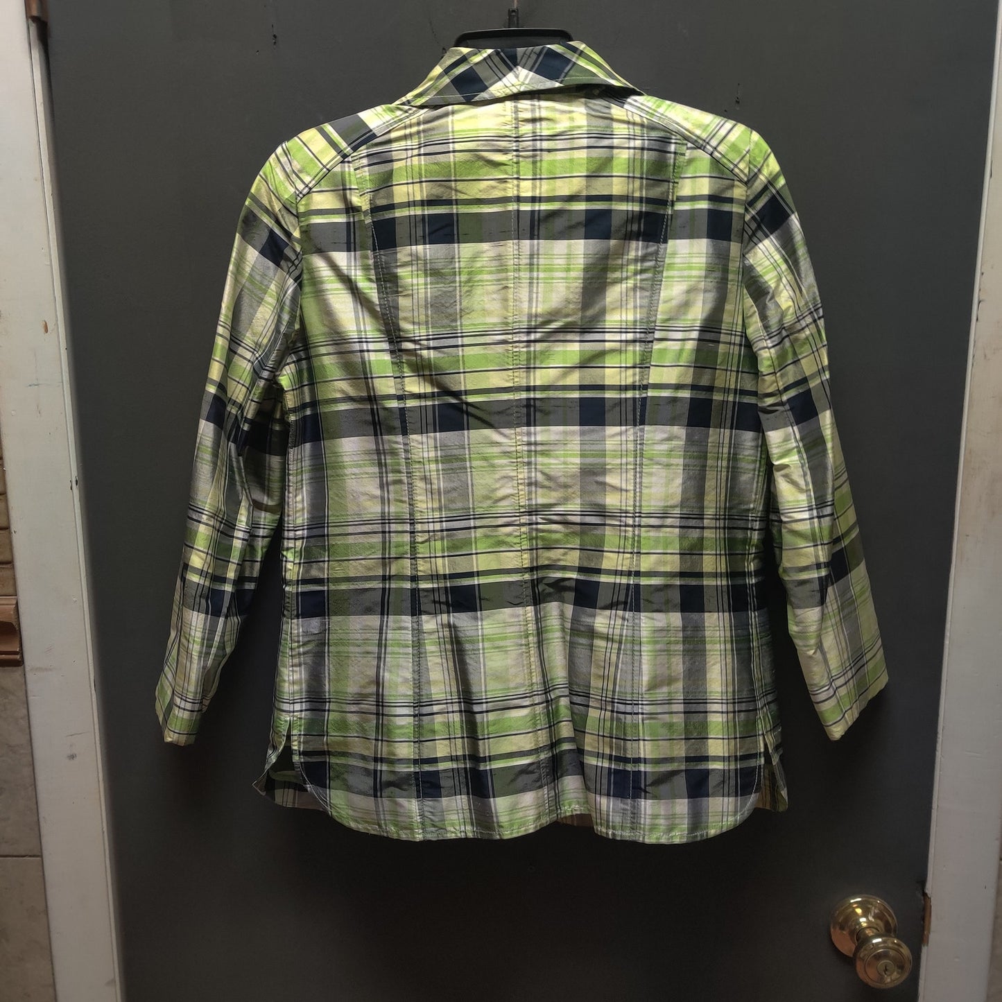 Ellen Tracy Green Plaid Silk Blazer Structured Tartan Preppy Jacket Size 4