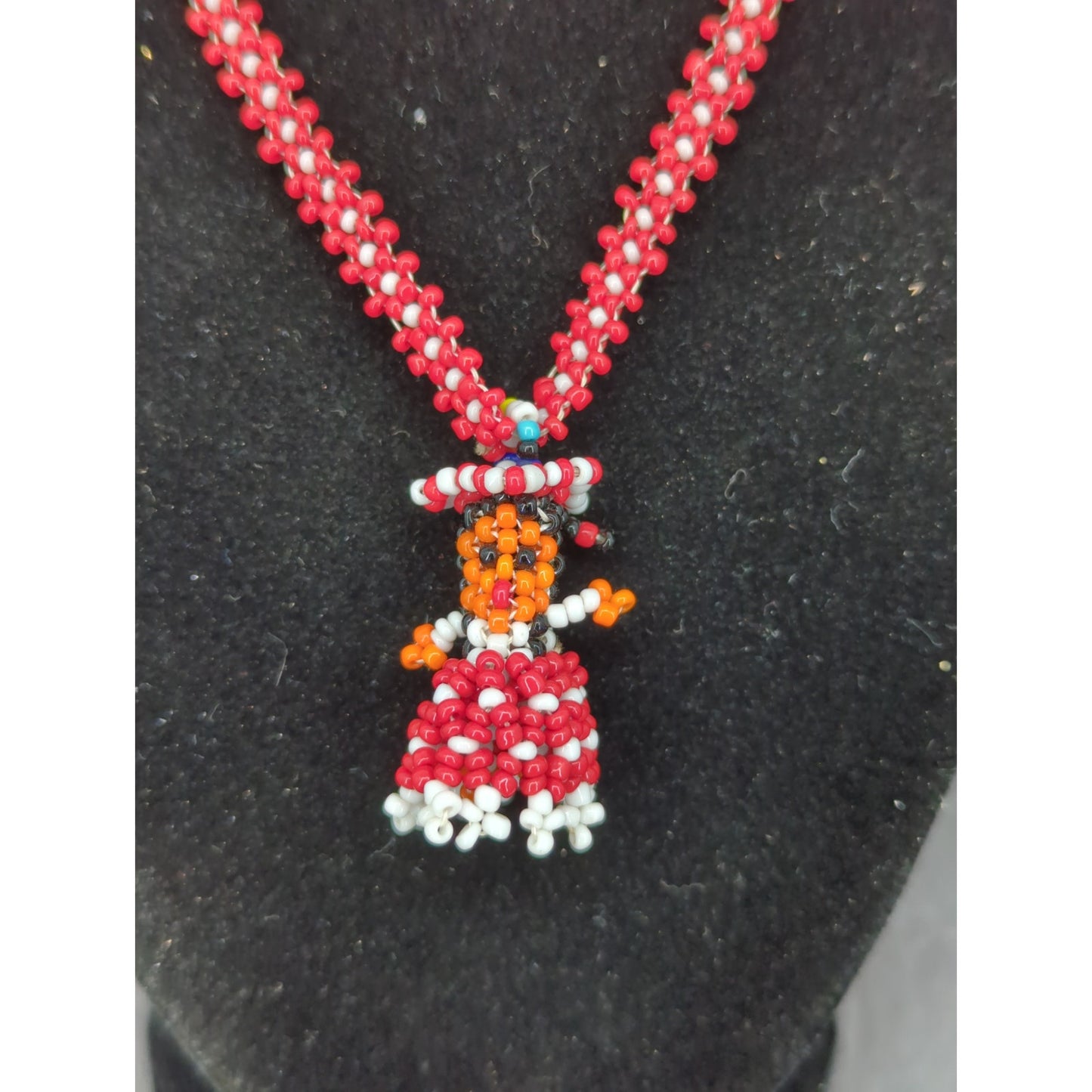 Vintage Folk Art Beaded Doll Pendant Necklace Red & White Mexican Otomi Style