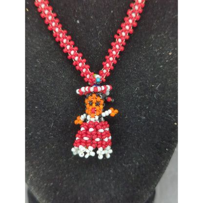 Vintage Folk Art Beaded Doll Pendant Necklace Red & White Mexican Otomi Style