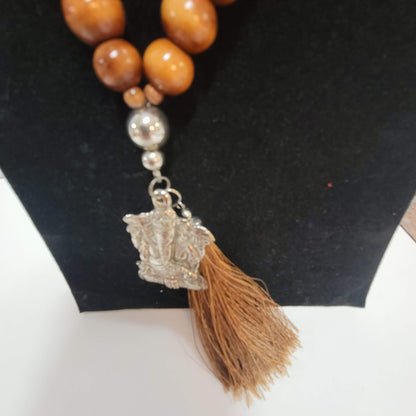 Wood Metal silver tone elephant Ganesh pendant Single Strand Necklace tassel