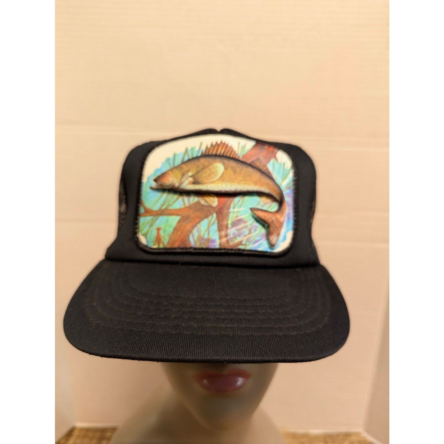 Vintage Bass Fish Graphic Black Trucker Snapback Baseball Cap Hat Y2K