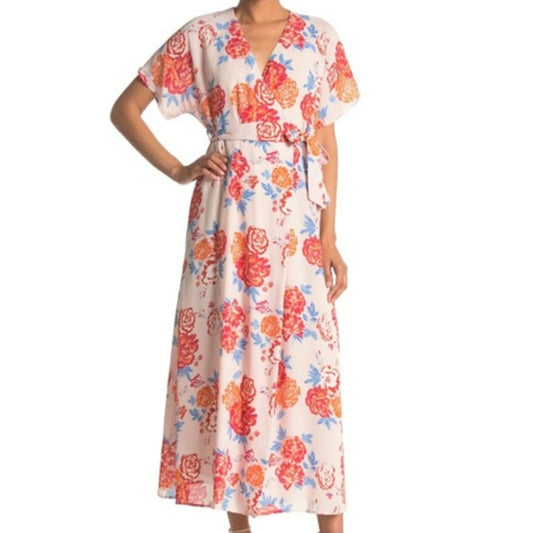 NWT Collective Concepts Floral Print Wrap Maxi Dress in Pink/Coral Size Large