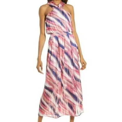 NWT Chelsea28 Halter Chiffon Maxi Dress in Pink-Purple Abstract Stripe Sz XS