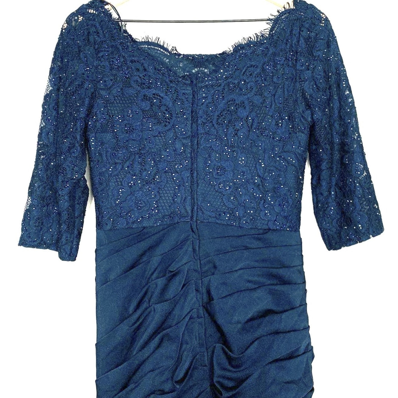 La Femme Sparkle Lace Ruched Wedding Formal Trumpet Gown Size 14 Navy Blue NWT