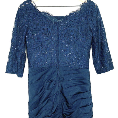 La Femme Sparkle Lace Ruched Wedding Formal Trumpet Gown Size 14 Navy Blue NWT