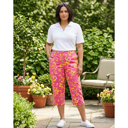 Emma James Stretch Capris Pant Pleated Front Bright Pink Floral Cotton Size 12