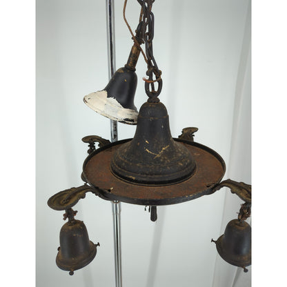 Vintage Art Deco Brass Pan Chandelier 4 Light Down Fixture Dark Patina Project