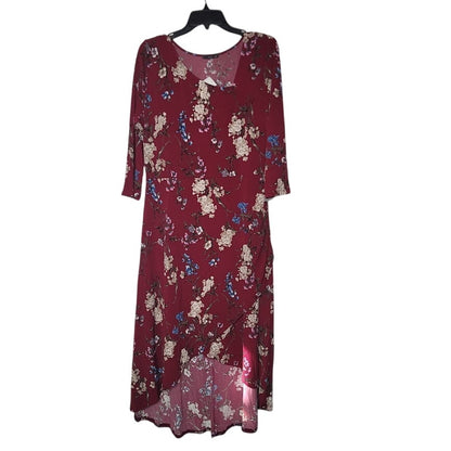 NEW West Kei Burgundy Floral Midi Dress LARGE Hi Low Hem Asymmetrical Collar