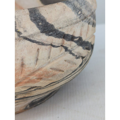 Vintage Southwestern Agateware Marbled Pottery 8" Bowl Hand-Etched Folk Art