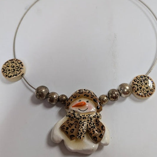 Vintage Fashion Necklace SNOWMAN in leopard scarf slides choker style winter