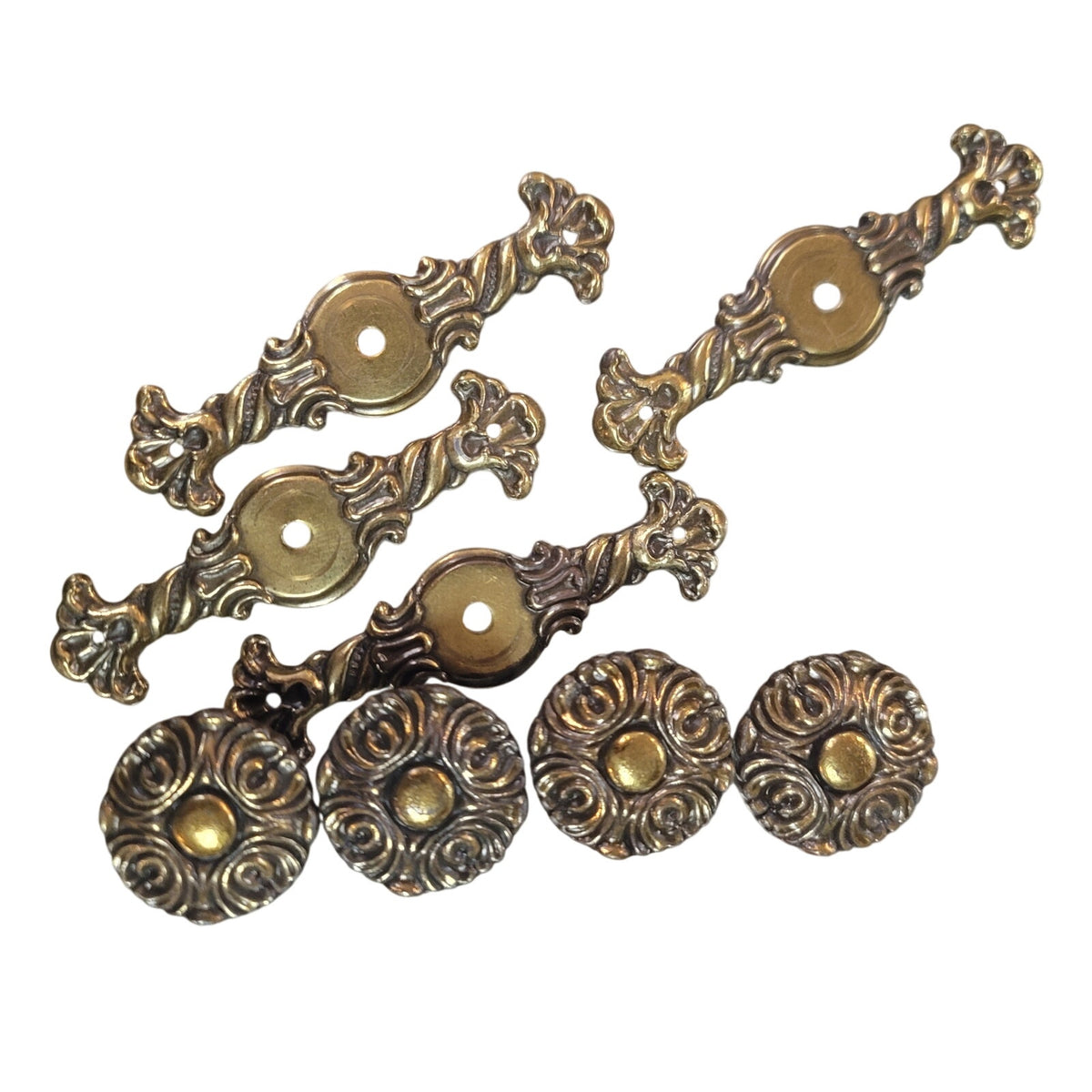 Vintage KBS 1995 Ornate Scroll Brass Cabinet Pulls Backplates Set 4 Furniture