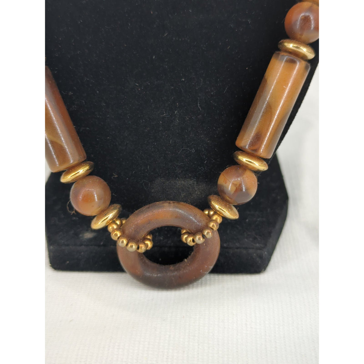 Vintage Brown Beaded Statement Necklace Gold Tone Cylindrical Beads Boho Tribal