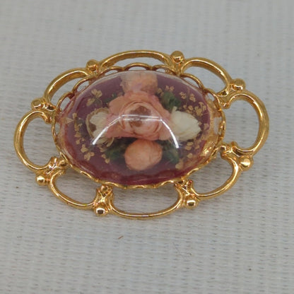 Vintage Gold-Tone Floral Rose Cabochon Brooch Pin Flower Oval