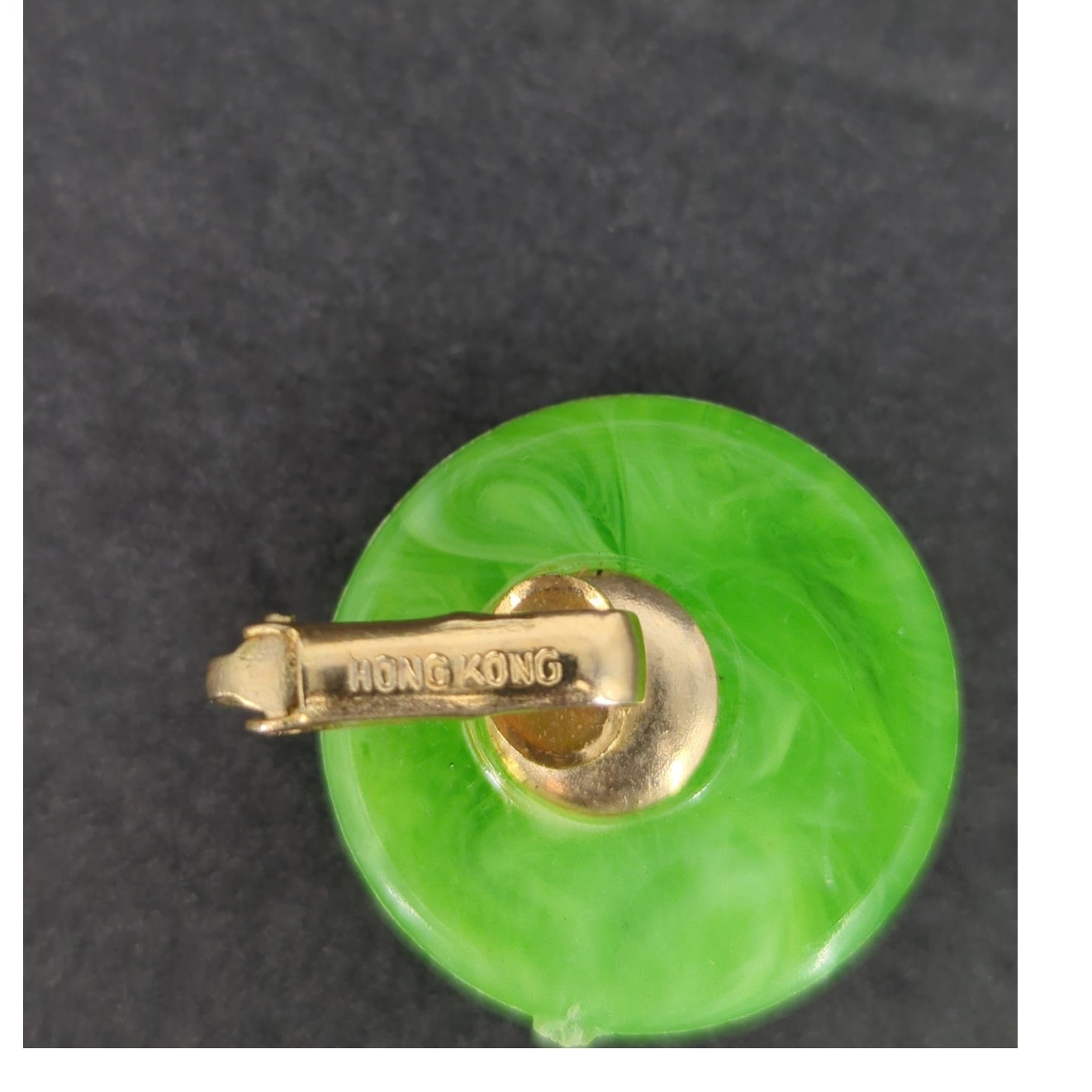 Vintage Green Resin Clip On Earrings Gold Tone Marked Hong Kong Retro 1960s MCM