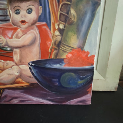 Oddities Surrealist Oil Painting Doll FunnelHat Kitsch Eclectic Moody Still Life