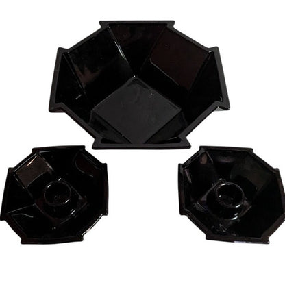 3 pc. Fostoria Black Glass Bowl & Pair Matching Candle holder Geometric Sakier