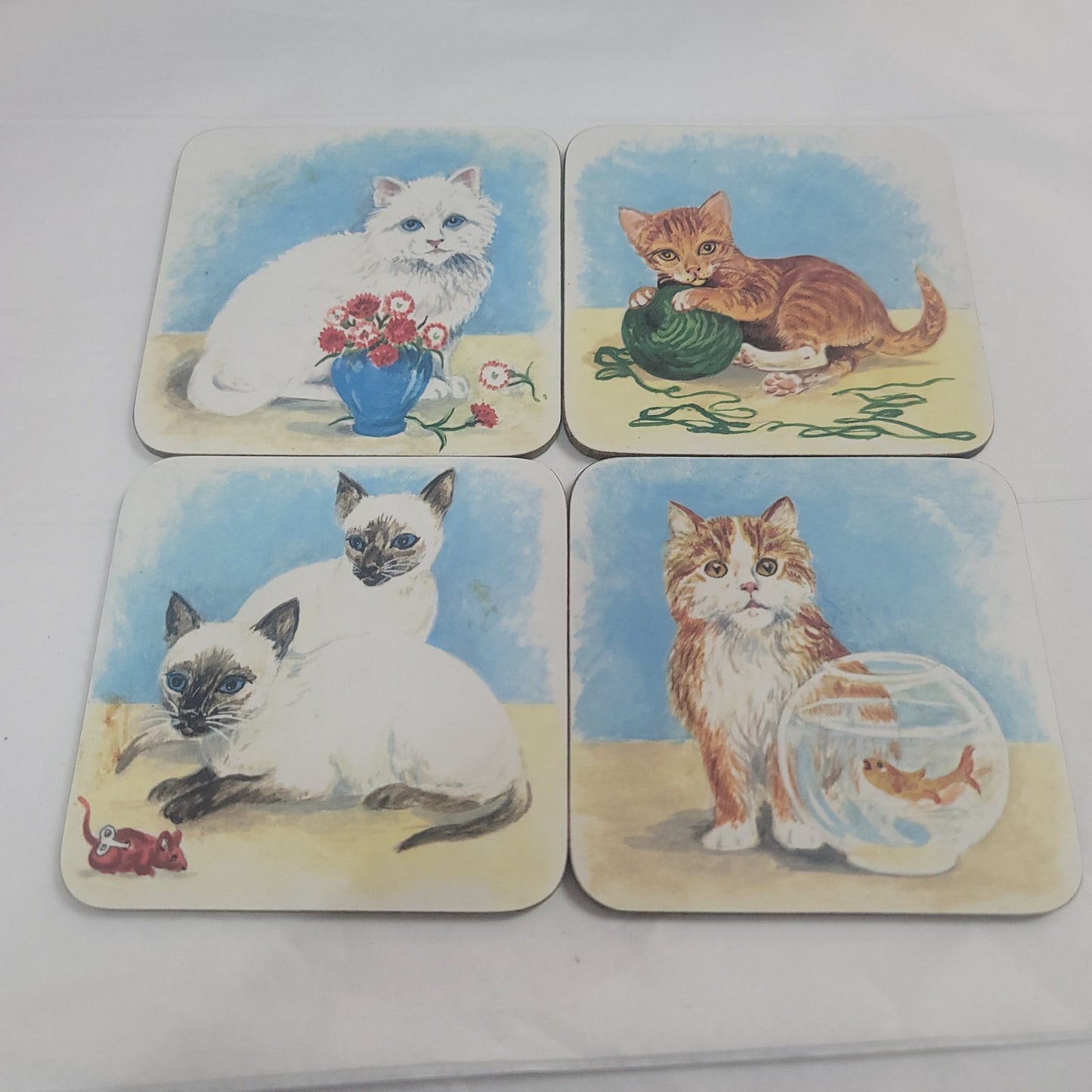 Set of 4 Vintage kitty Cat drink coasters tabby 4" table