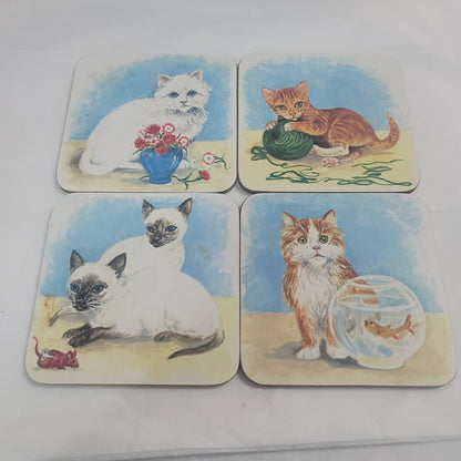 Set of 4 Vintage kitty Cat drink coasters tabby 4" table