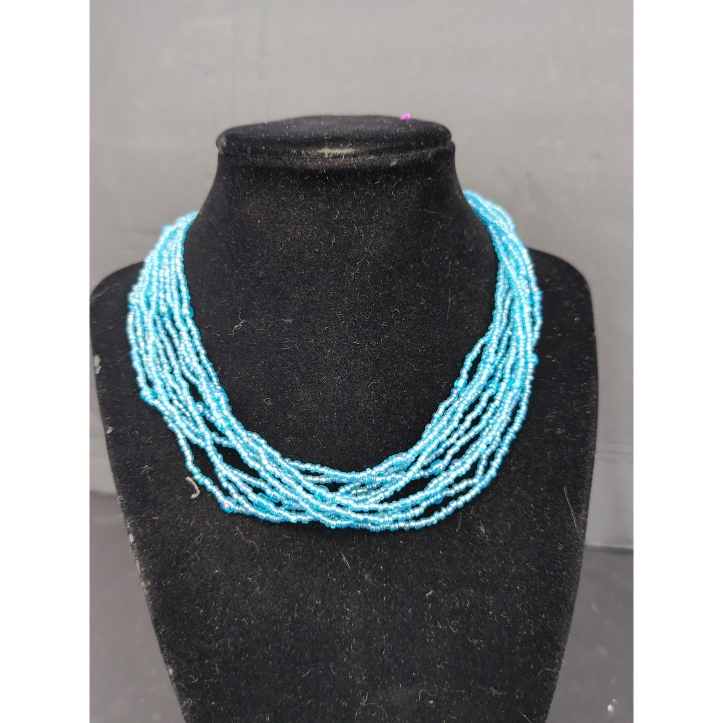 Turquoise Blue Multi Strand Seed Bead Necklace Dangle Earrings Set