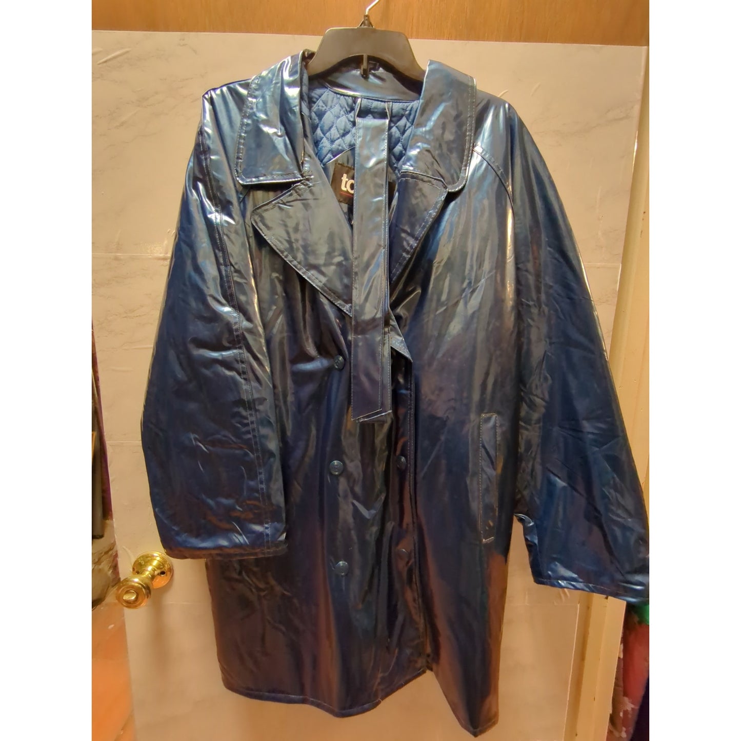 Totes Blue Jacket Coat belt LARGE Raincoat quilted lining Mid Length VINTAGE