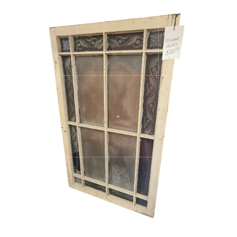 Secondhand Sandies 36" x 60" Antique large framed stained glass white red clear