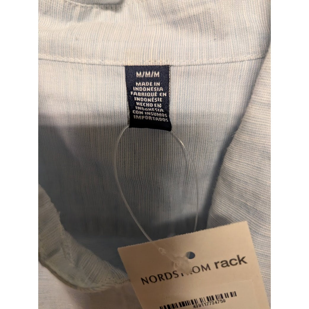 Nordstrom Medium Blue Twill Button Up Pockets Linen Blend long Sleeve top shirt