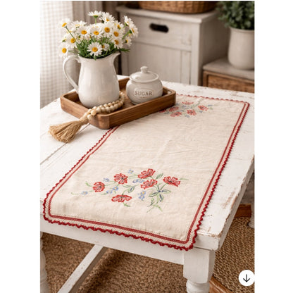 table runner hand embroidered 38" x 18" linen ripple edge farmhouse grannycore