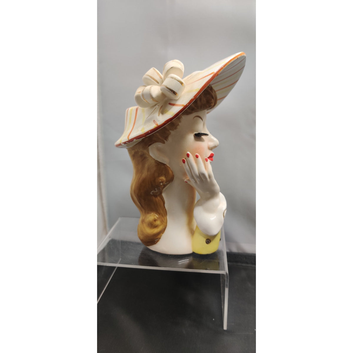 Vintage 1950s Napco Lady Head Vase Planter Striped Hat Collectible MCM Kitsch