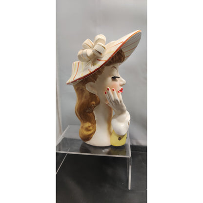 Vintage 1950s Napco Lady Head Vase Planter Striped Hat Collectible MCM Kitsch