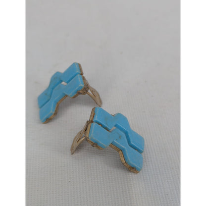 Vintage Mid Century Blue Geometric Zig Zag Clip On Earrings Retro Mod Statement