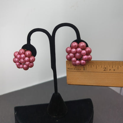 Vintage Clip On Earrings faux pearl Mauve cluster bead Japan Dusty Rose Muted