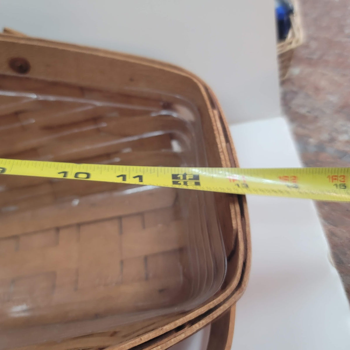 Longaberger 13" wine wood vegetable basket '92 clear liner slanted double handle