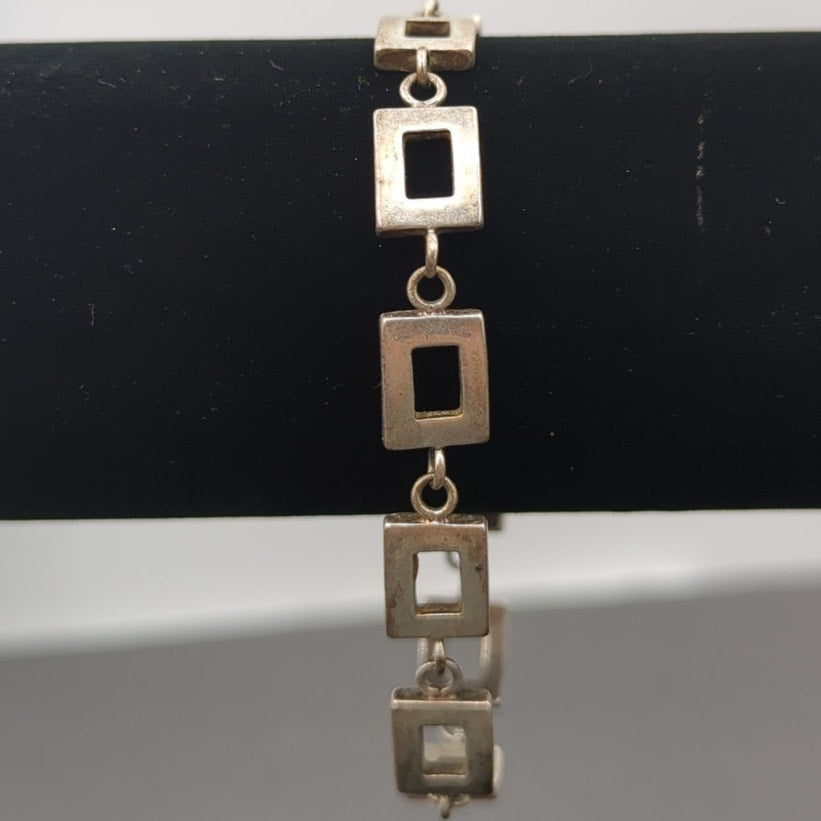 Vintage Minimalist Rectangular Silver-Tone Open Square Geometric Link Bracelet
