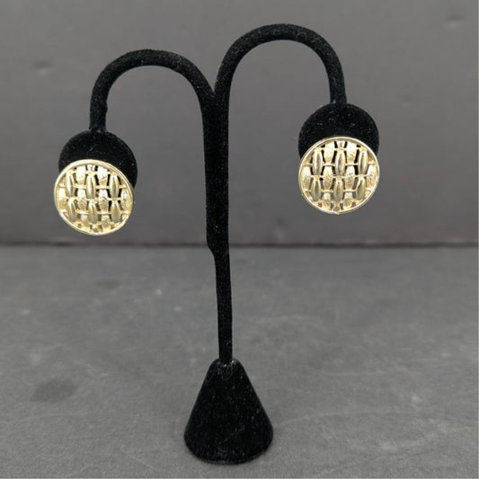 Vintage Gold Tone Textured Round Disc Clip On Earrings Retro Grid Modern 1980s