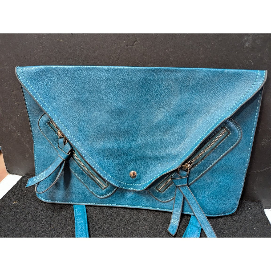 Vegan Faux Pebbled Leather BLUE TEAL bag Clutch shoulder Purse Front zip pockets