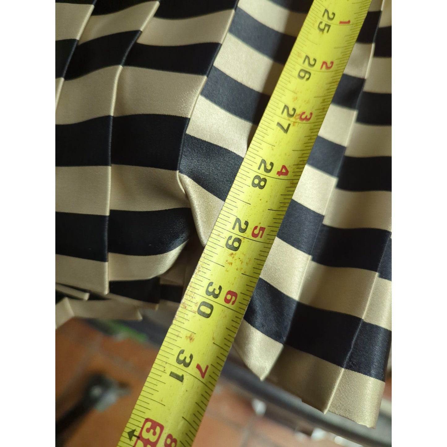 Russ Vintage Pleated Midi Skirt Size 12 Black & Tan Striped Satin Made in USA