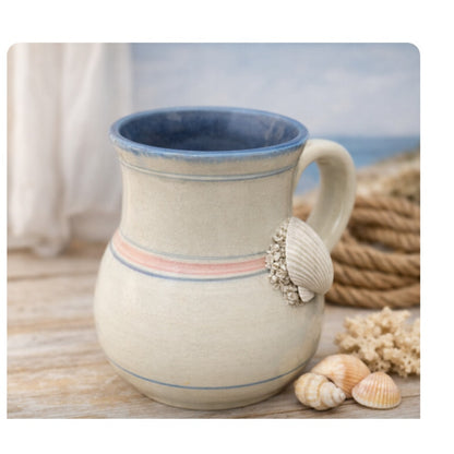 Wakulla Clay '86 Coffee Tea Mug Seashell Cream Blue Pink Ivory 4" tall