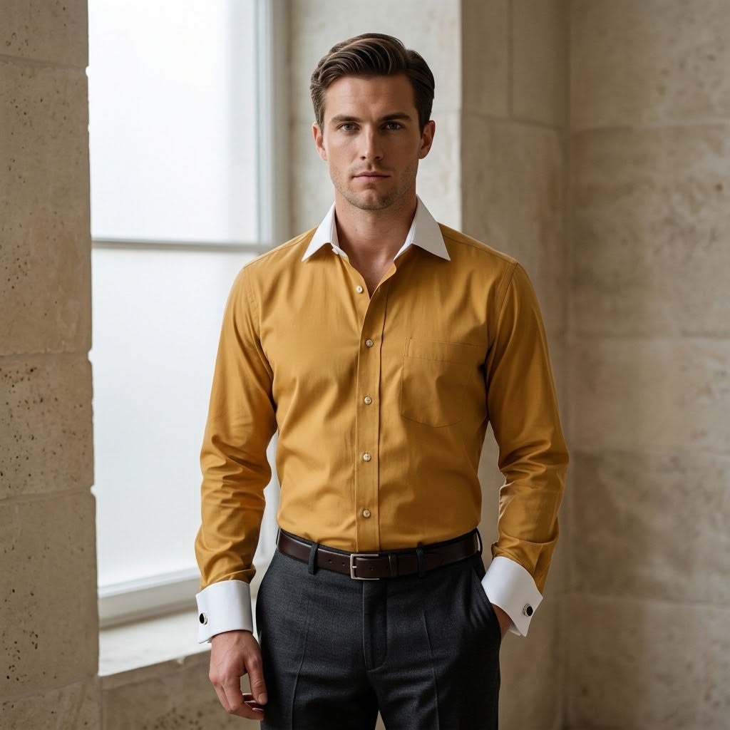 Pronto Uomo Button Down Shirt Long Sleeve French Cuffs Mustard/White 16 36-37