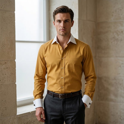 Pronto Uomo Button Down Shirt Long Sleeve French Cuffs Mustard/White 16 36-37