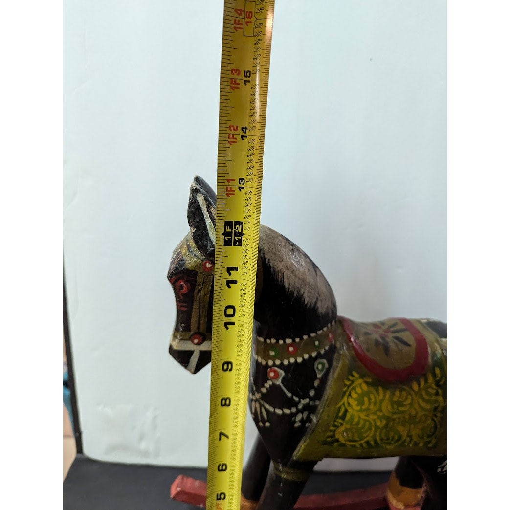 Antique Primitive Folk Art Painted Wood Rocking Horse Wanderer Romani 12” Wide