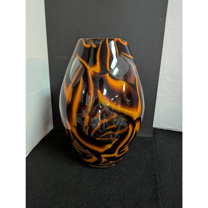 Vintage Tortoiseshell Art Glass Statement Vase LARGE Amber and Orange Swirls