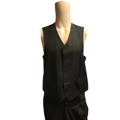 Vintage Vinci 4 pc Suit 40R Black Gray Pinstripe Jacket Vest Pants Necktie